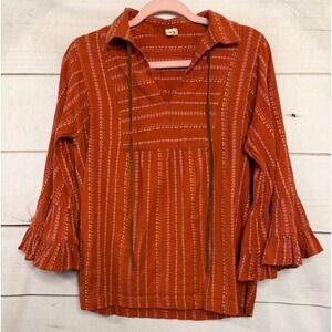 Ivy Jane Women Orange Stripe Bell Sleeve Tassel Tie Boho Shirt XS